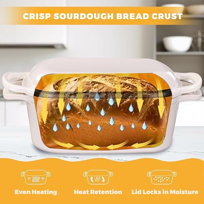 4.6 Quart Dutch Oven for Sourdough Bread Baking, Combo Oval Enameled Cast Iron Bread Pan with Lid, Bread Dutch Oven for a Crispy Crust, White