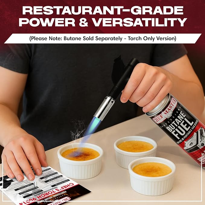 Butane Torch Lighter Combo w/ 4 x 8 oz. Butane Fuel by Chef Master, Refillable Kitchen Cooking Torch for Brulee, Dessert, Baking, Cafe, Hotel & Restaurant, Home Necessities & Kitchen Essentials -90014