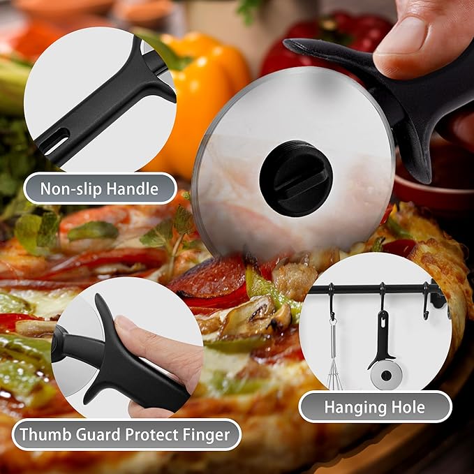 TJ POP Pizza Cutter 2 Pcs, Stainless Steel Pizza Cutter Wheel, Super Sharp Pizza Slicer, Easy to Cut & Clean, Dishwasher Safe Pizza Wheel-Black