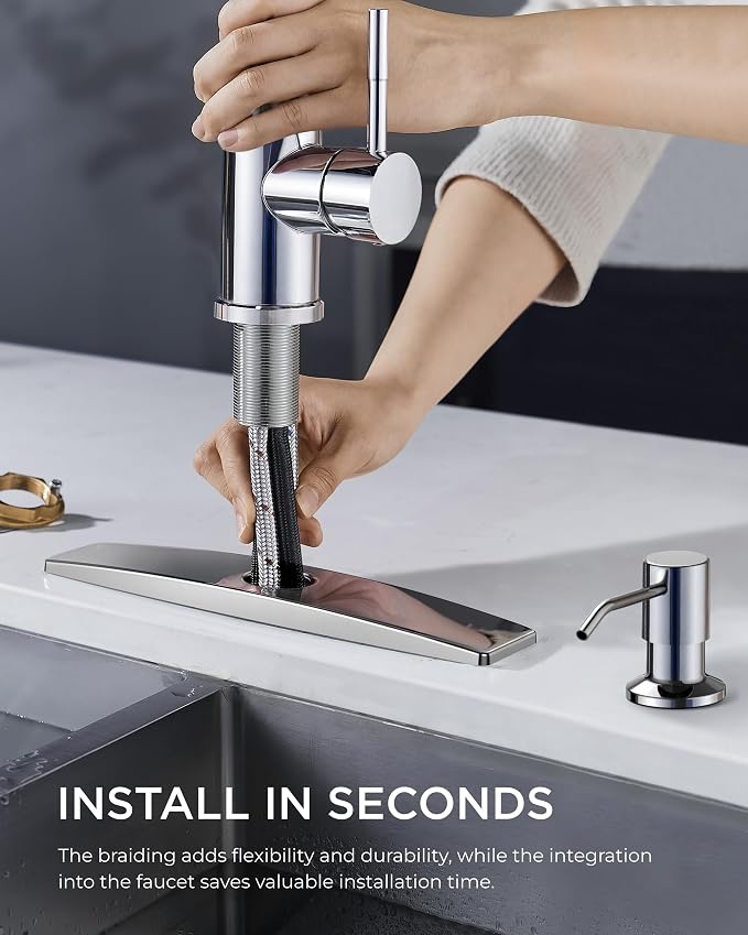 FORIOUS Kitchen Faucet with Soap Dispenser Chrome, Single Handle Stainless Steel Transitional Sink Faucet with Pull Down Sprayer 1 or 3 Hole, Suitable for Farmhouse Laundry Camper RV Bar