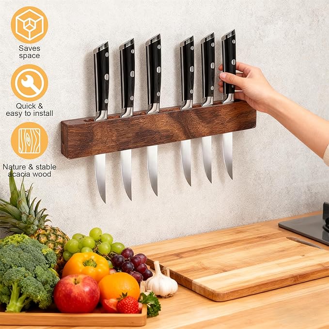 16 Inch Magnetic Knife Holder for Wall Wooden Magnetic Knife Strip Under Cabinet Magnet Knives Storage Kitchen Knife Rack kitchen Magnetic Utensil holder for Kitchen Utensils & Tools, Walnut