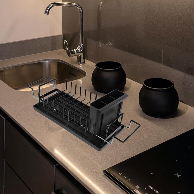 VALICLUD Expandable Stainless Steel Dish Drainer Rack with Drainboard and Utensil Holder, Over Sink Kitchen Dish Drying Rack Organizer for Large Capacity Countertop Use