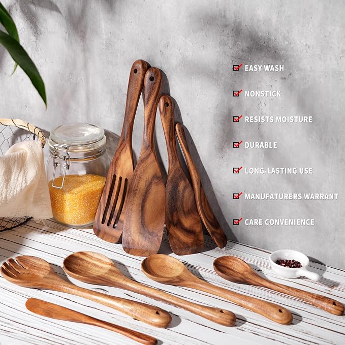Wooden Utensil Set 9 Pcs,Sturdy & Easy to Clean, Natural Teak Wooden Spoons for Cooking,Spatula Set, Slotted Spoon, Wooden Spoon Set,Terrific for Everyday Kitchen Tasks