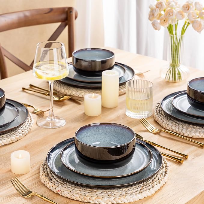 LeRatio Ceramic Dinnerware Sets for 4,Plates and Bowls Sets,Handmade Reactive Glaze Dishes Set,Chip Resistant and Scratch Resistant | Oven&Dishwasher & Microwave Safe,Service for 4-Black &Gray