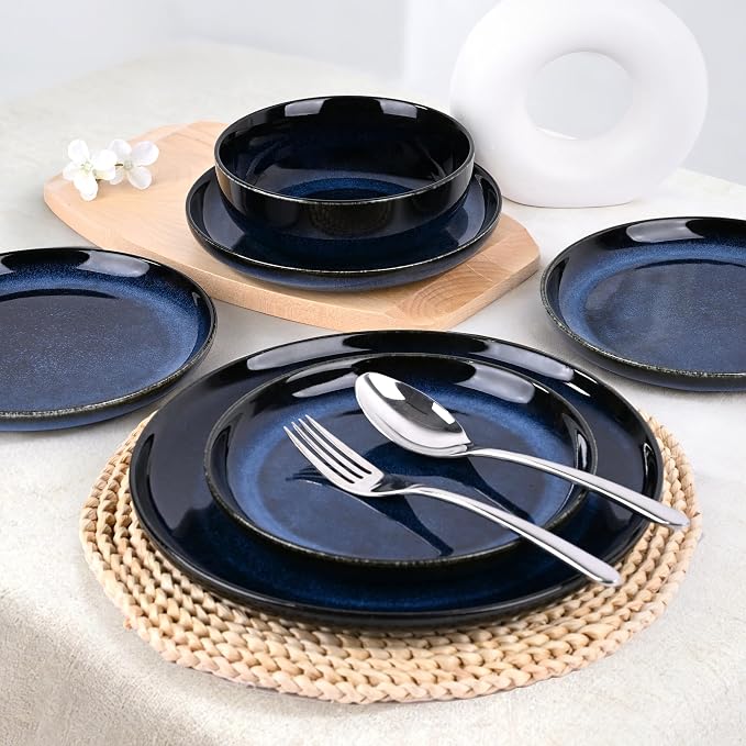 Porcelain Plates and Bowls Set for 4, 16 Pcs Ceramic Blue Reactive Glaze Dinnerware Set with Pasta Bowls, Kitchen Dish Set with Double Bowls, Microwave and Dishwasher Safe