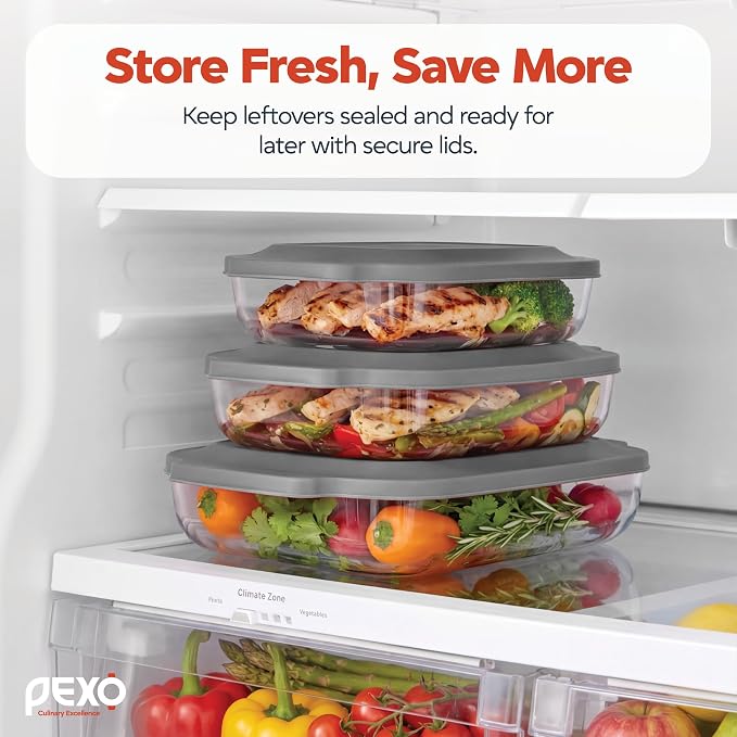 PEXO 6-Piece Glass Baking Dishes with Lids, Clear Glass Bakeware with Silicone Handles, (2.11QT, 3QT, 4.12QT) Casserole Dishes, Oven Dishwasher and Freezer safe, Rectangular Stackable Nesting Baking Dish set (Gray)