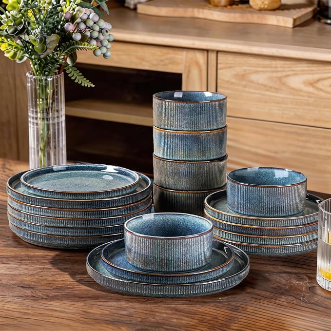 GBHOME 24-Piece Stoneware Dinnerware Set for 8 – Ribbed Ceramic Plates and Bowls, Scratch-Resistant, Microwave & Dishwasher Safe, Reactive Glaze, Ceylon Blue