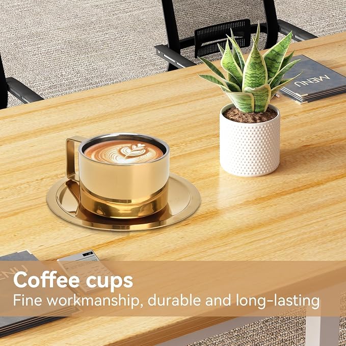 2Pcs Espresso Cups and Saucers Set, Coffee Cup and Saucer Set Gold Coffee Mug Stainless Steel Demitasse Cups Exquisite Luxury Small Coffee Containers for Latte Cappuccino Tea, 200ML