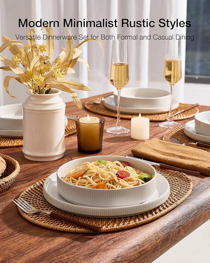 Famiware Star 8-Piece Stoneware Dinnerware Sets for 4 – 23 oz Shallow Pasta Bowls and 10.5" Flat Dinner Plates, High Edge Dishes, Chip & Scratch Resistant, Microwave & Dishwasher Safe, Matte White
