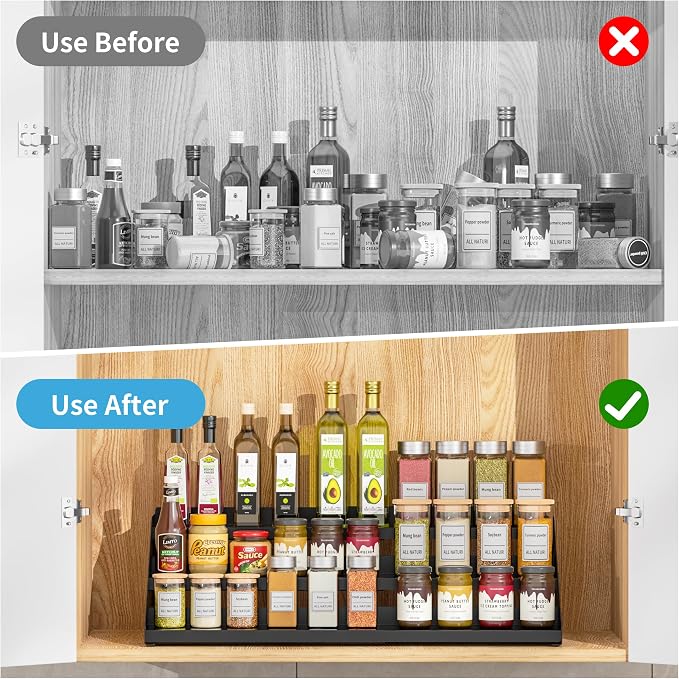 BOIVSHI Spice Organizer, Spice Rack for Expandable 3-Tier, Spice Organization for Cabinet Expandable Width and Adjustable Height, Seasoning Organizer for Cabinet, Countertop, Pantry, Black