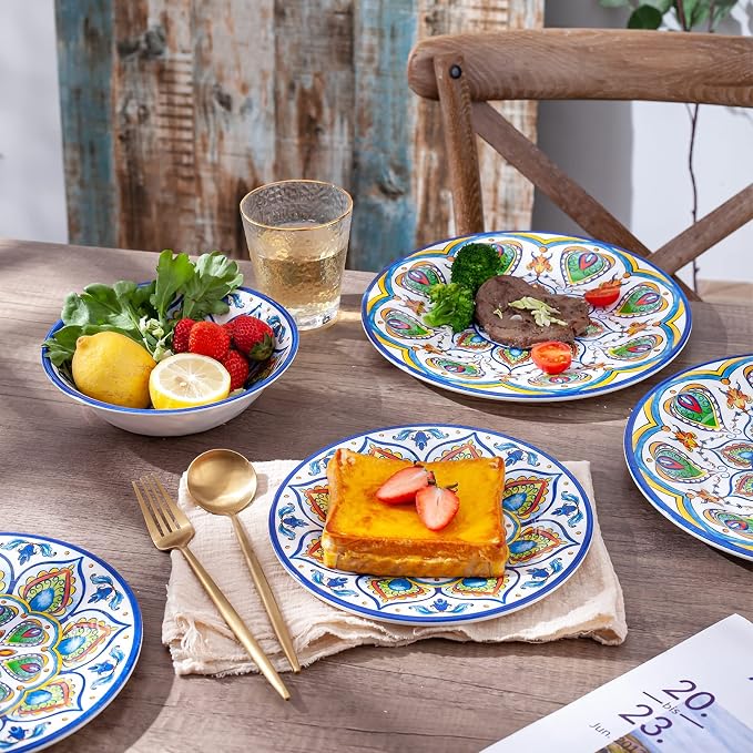 Melamine Dinnerware Set, 12 Pcs Dinner Plates Bowls Sets for Indoor and Outdoor Use, Durable Unbreakable Dishes Sets, Dishwasher Safe, BPA Free, Service for 4