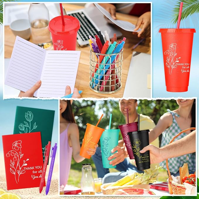 Feifeiya 72 Pcs/ 24 Set Team Appreciation Gifts for Cna Week 24 oz Appreciation Tumbler with Lids and Straws Motivational Pens Inspirational Notepads Set Plastic Cups Gift for Staff Employees