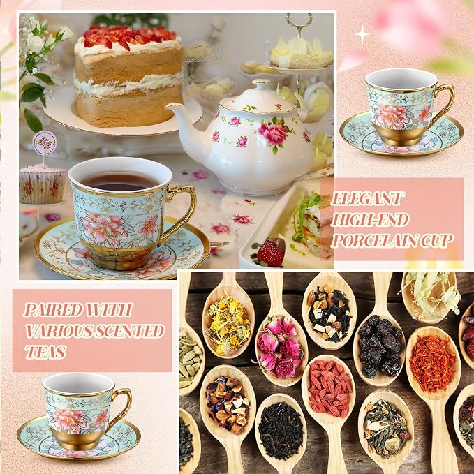 6 Pcs 3 oz Mini Vintage Floral Tea Cups and Saucers Set, Green Porcelain Tea Cup Sets Assorted Colors with Gift Box for Cappuccino, Macchiato, Birthday Party Supply
