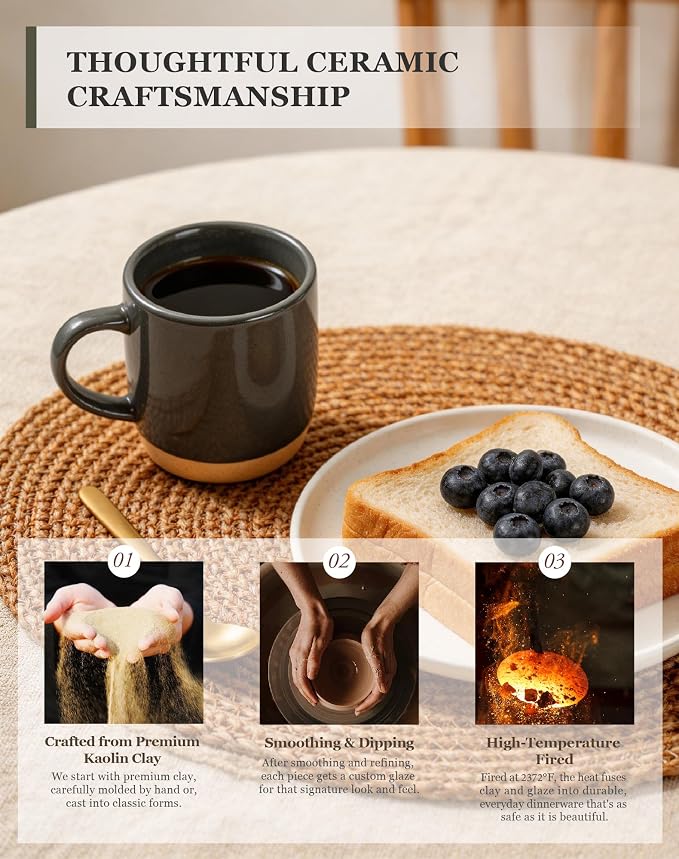 OTAGO Coffee Mugs for 6, 12 oz Mug Set, Partially Unglazed Base,Dringking Cup with Handle for Coffee, Tea, Cocoa, Milk, Gray