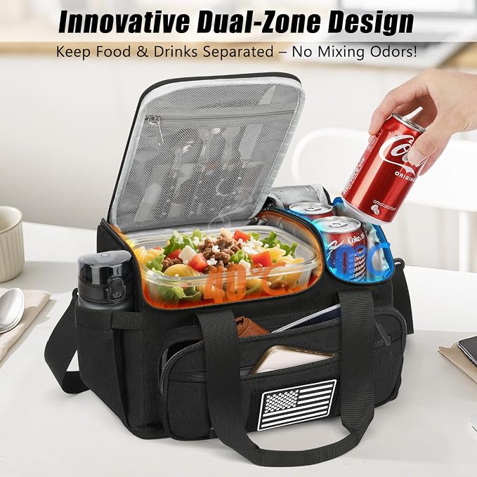 ETRONIK Tactical Lunch Box for Men, 15L Insulated Lunch Bag with Hot/Cold Compartments, Men's Lunch Box Fits 3 Meals + Snacks, Adult Lunch 8H Cooler Bags for Work, Hiking, Beach, Gym, Black