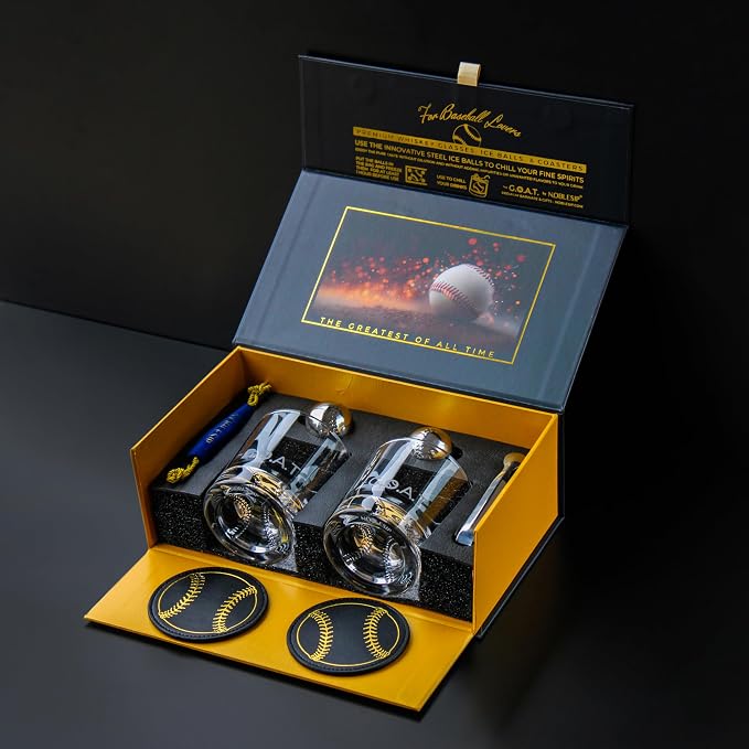 NobleSip® Whiskey BASEBALL Glasses 𝗣𝗥𝗘𝗠𝗜𝗨𝗠 Set: 2 Glasses, 2 Steel Chilling Balls, 2 Coasters. Best for a Player, Coach, Fan to enjoy his Old Fashioned, Cocktails. Home bourbon bar gift
