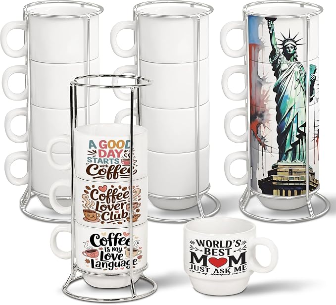 6oz Sublimation Coffee Mugs Set of 4, Blank Stackable Coffee Mugs with Rack Porcelain Stackable Cappuccino Cups with Metal Stand for Coffee, Tea, Cocoa, Milk (4 Set of 16 Pcs Mugs)