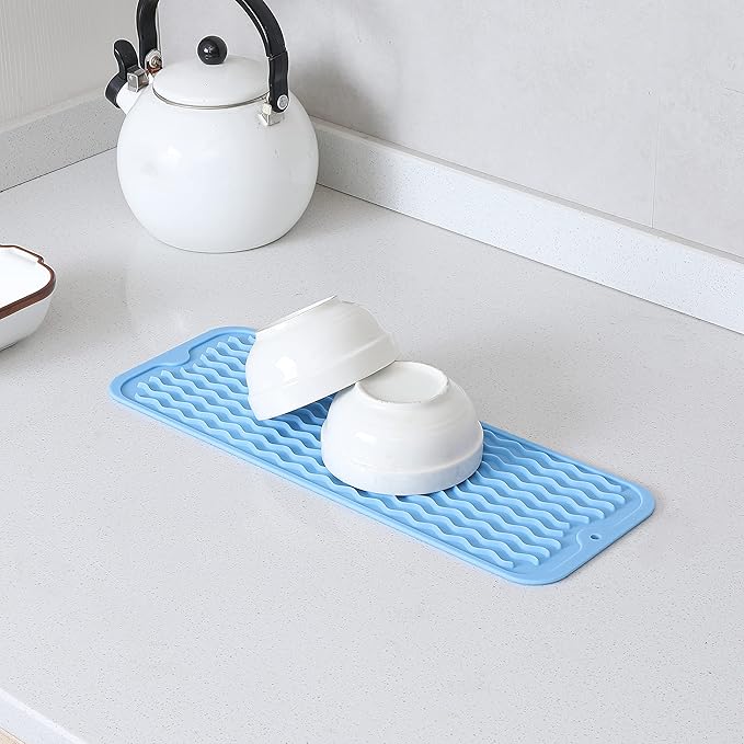 MicoYang Silicone Dish Drying Mat for Multiple Usage,Easy clean,Eco-friendly,Heat-resistant Silicone Mat for Kitchen Counter,Sink,Bar,Bottle,or Cup Light Blue M 17 inches x 6 inches