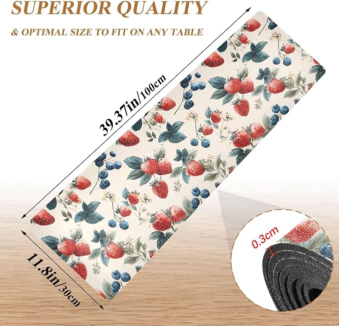Vintage Strawberry Blueberry Trivet Table Runner Heat Resistant 230F for Hot Dishes Pots Plates Kitchen Dining Table Protector Decorative 39.37 X 11.8 Inch