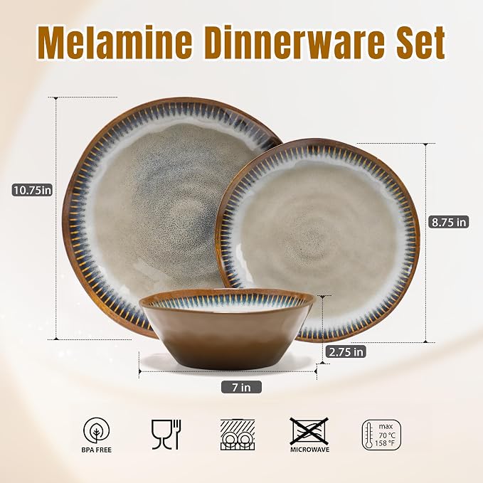 12 Piece Melamine Dinnerware Set, Unbreakable Plate and Bowls Set for 4,Indoor and Outdoor Use, Lightweight and Unbreakable Kitchen Dishes Set(Rustic Gray)