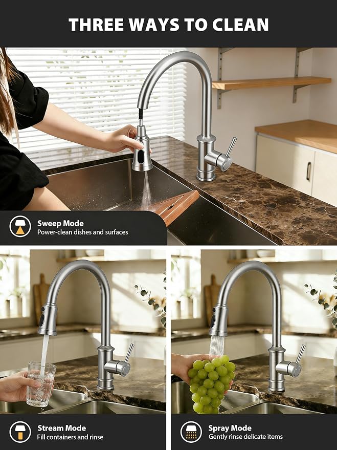 Hiqufet Vintage Kitchen Faucets with Pull Down Sprayer, Brushed Nickel | Stainless Steel High Arc, Drip-Free 3 Spray Mode, 360° Rotation, Easy DIY Single Hole Install