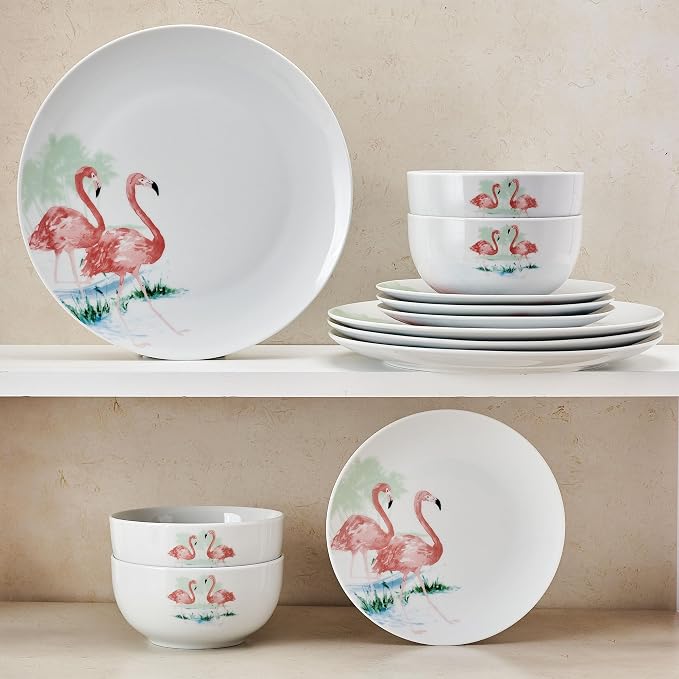 Studio Nova Flamingo Haven Tropical 12 Piece Dinnerware Plate Bowl Set, Service for 4