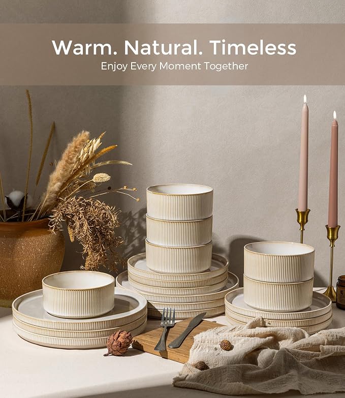GBHOME 18-Piece Stoneware Dinnerware Set for 6 – Ribbed Ceramic Plates and Bowls, Scratch-Resistant, Microwave & Dishwasher Safe, Reactive Glaze, Oatmeal Veil