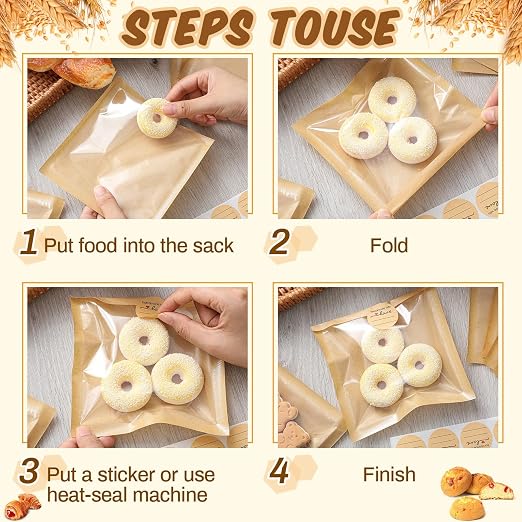 Outus 100 Pcs Cookie Packaging Bags with Seal, 6 x 6 Inch Bakery Pastry Bags with Window, Heat Sealable Grease Resistant Paper to Go Bake Sleeves for Gift Giving Donut Bread Sandwich (Brown)
