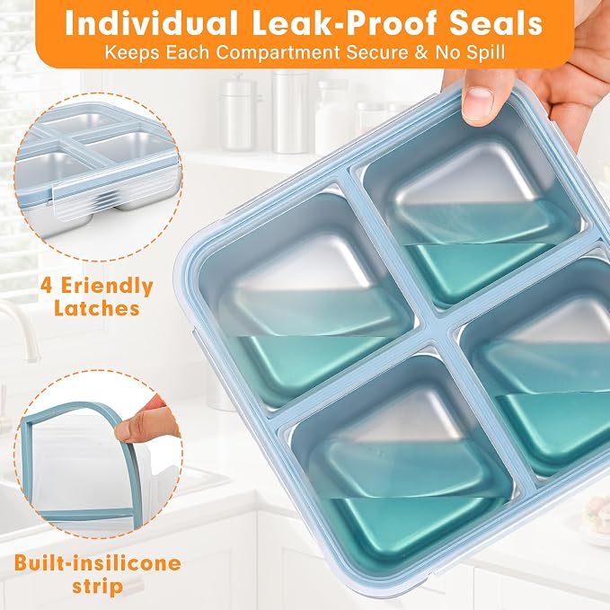 2 Pack Stainless Steel Snack Containers with Lids, Leakproof 4 Compartment Bento Lunch Boxes, Reusable Metal Meal Prep Food Storage Containers, Dishwasher Safe for Work, Travel, Picnic