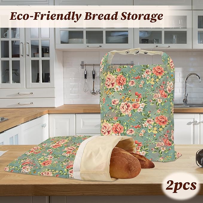 Bread Bags for Homemade Bread, Vintage Floral Rose Flower 2 Pack Linen and Beeswax Sourdough Storage Bags, Reusable Keeper, Keeps Breads Fresh Longer, Gifts for Bakers