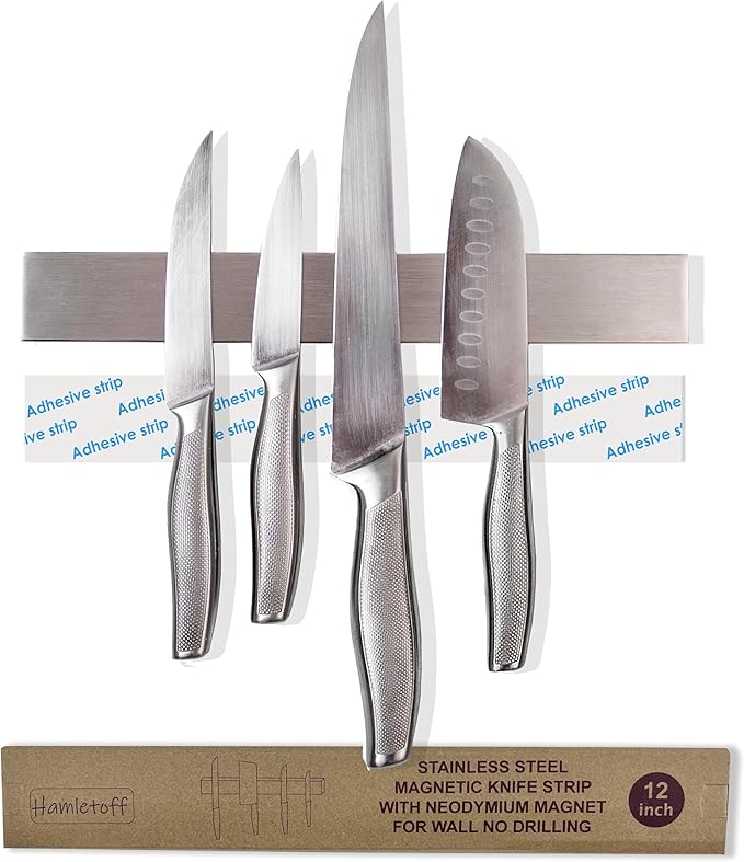 Premium Magnetic Knife Strip for Wall no Drilling – 12 Inch Stainless Steel Magnetic Knife Holder with Neodymium Magnet Strong Adhesive Tape - Lightweight Kitchen Magnet Knife Bar