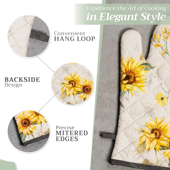 Maison d' Hermine 100% Cotton Oven Mitt & Pot Holder Set (7.5"x13" & 8"x8") Heat Resistant BBQ Cooking Gloves with Loop Baking Grilling Kitchen Gifts for Mothers Day Spring/Summer (Candice)