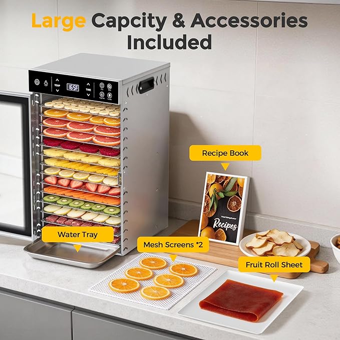 Suteck Food Dehydrator with 16 Stainless Steel Trays, 800W Dehydrator Machine with Dual Fans & 360° Airflow, Digital Temp & Time Control with 4 Presets, Quiet Food Dryer for Jerky, Fruit, Flower, Meat