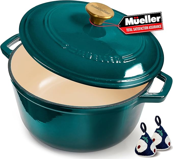 Mueller DuraCast 6 Quart Enameled Cast Iron Dutch Oven Pot with Lid, Sourdough Bread Baking, PFOA-Free, 500°F Oven Safe - All Cooktops incl. Induction, Braising & Slow Cooking, Emerald