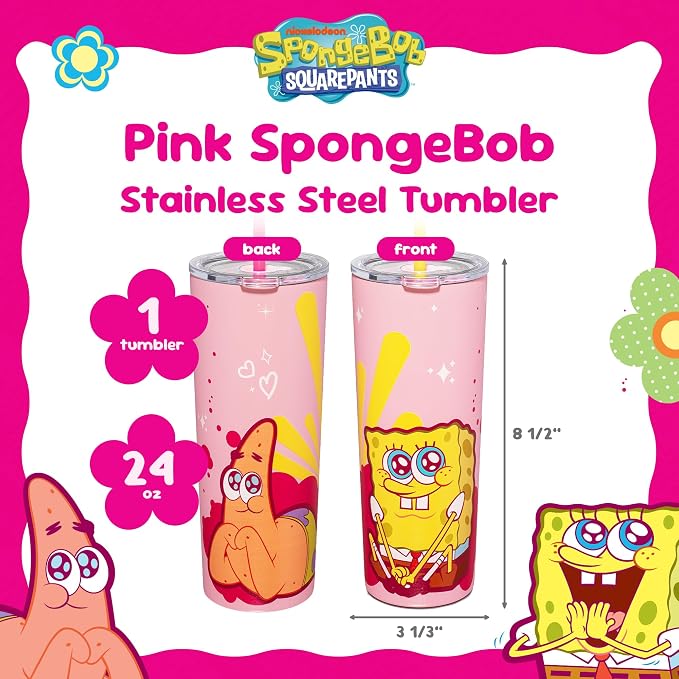 Dragon Glassware x SpongeBob SquarePants Tumbler with Straw, 24 oz - Pink | Vacuum Insulated Stainless Steel Tumbler with Straw & Lid; Double Walled Tumbler with Straw; SpongeBob SquarePants Cup