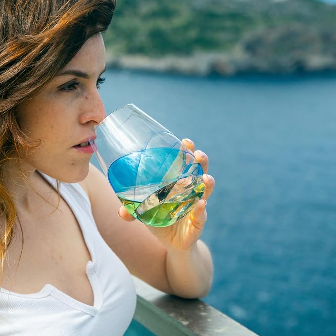 Victoria Barcelona Stemless Wine Glasses Set 2 17Oz Hand Painted Stained Turquoise Sea Unique Gift Anniversary Wedding Birthday Murano Inspired Antoni Gaudi Cornet