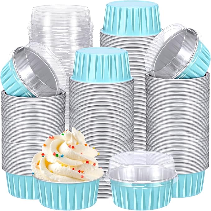 Gejoy 400 Pcs Aluminum Foil Baking Cups with Lids 5 oz Disposable Ramekins Mini Cake Pans Creme Brulee Cupcake Liners Muffin Tins Flan Mold Dessert Container for Wedding(Blue,Classic)