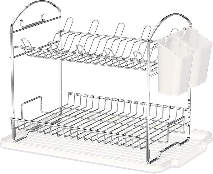 Simple Houseware 2-Tier Dish Rack with Drainboard + Over Sink Counter Top Dish Drainer Drying Rack, Chrome