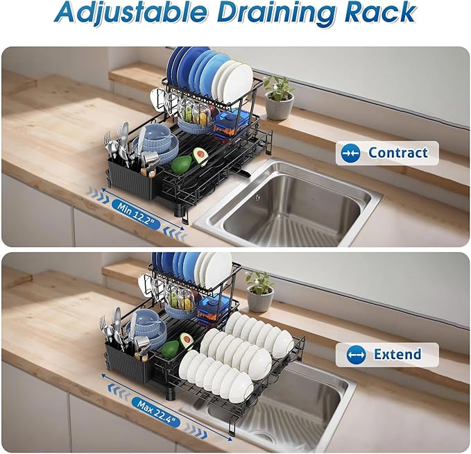 Glovv Over The Sink Dish Drying Rack, 2-Tier Kitchen Organizers and Storage for Kitchen Counter, Kitchen Sink Organizer with 4 Cup Holders and Drainboard, Black