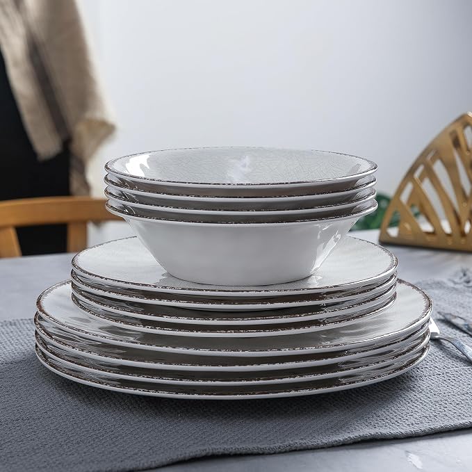 LEHAHA Farmhouse White Melamine Plates and Bowls Set, White dishes Rustic Farmhouse Dinnerware Set, Lightweight Melamine Dishes Set for 4, Perfect for RV, Camper, Dishwasher Safe