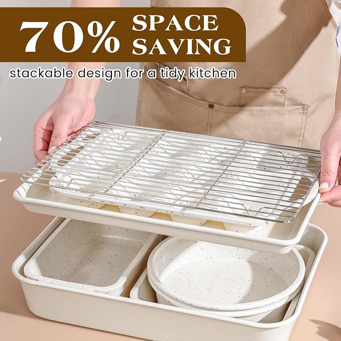8 Pcs Baking Pans Set, Silicone Bakeware Sets with Metal Reinforced Frame, Nonstick Stackable Carbon Steel Non Toxic Baking Sets for Cooking (Cream)
