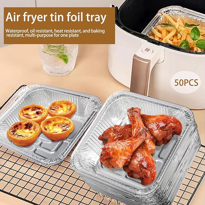 Non-Stick Disposable Air Fryer Aluminum Foil Liners Square 50PCS, Oil-Proof Aluminum Foil Tin Box Also for Steamer Basket Instant Pot Oven & Grill (9 * 9 Inch-Square)