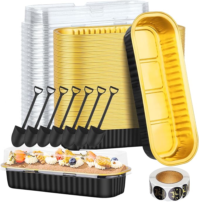 100Pack Aluminum Foil Mini Loaf Pans With Lids, 6.8 Oz Rectangle Baking Cups Muffin Tins,Disposable Pans Holders For Brownie Cake Bread -Black In Gold