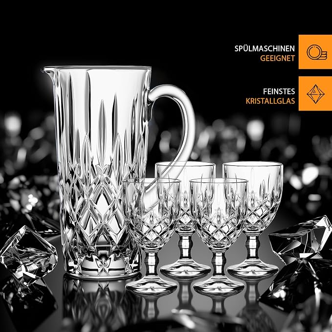 Nachtmann Noblesse 5 Piece Set, Pitcher and 4 Stemmed Glasses, Clear | Glass