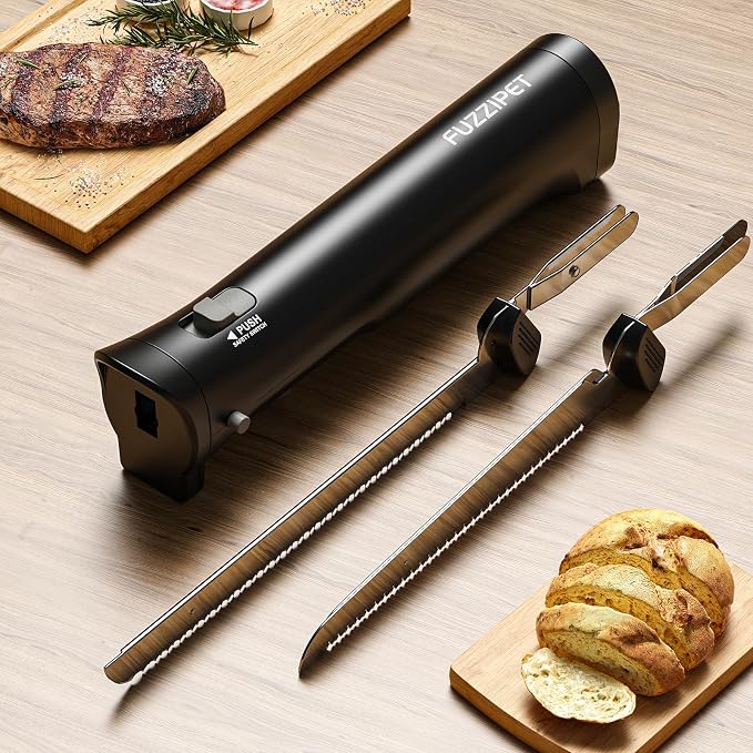 Cordless Electric Knife, Electric Bread Knife with 4 Stainless Steel Blades, Electric Cutting Knife for Cutting Meats, Fish, Poultry, Bread, Cheese & More (Black)