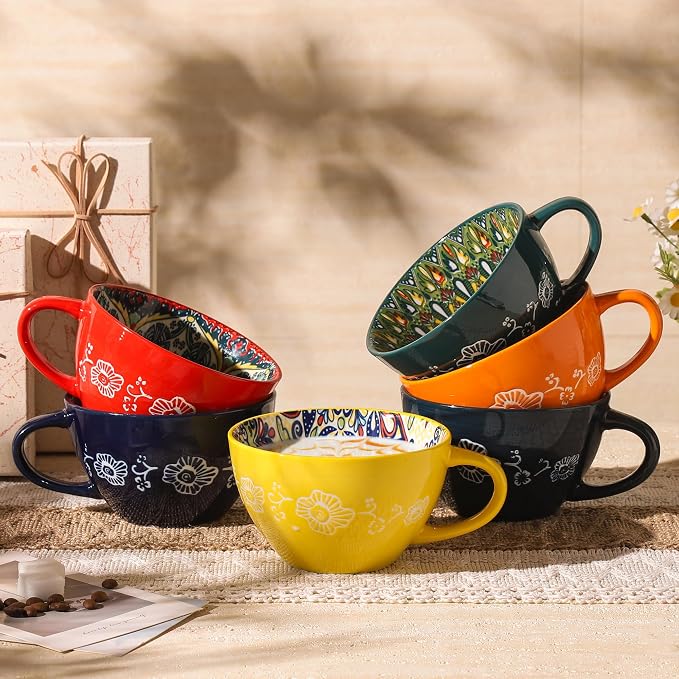Large Coffee Mug, 15 oz Boho Coffee Mug Ceramic with Handle, Porcelain Tea Cup, Coffee Cup for Cappuccino and Latte, Microwave & Dishwasher Safe, Ideal Gift for Family/Friend (Red)