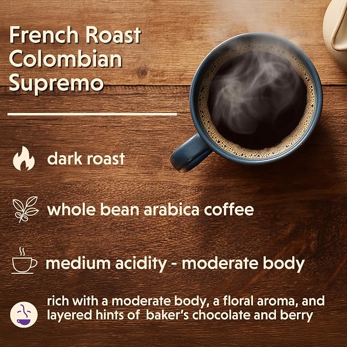 Coffee Bean Direct French Roast Colombian Supremo, Whole Bean Coffee, Arabica Coffee, Dark Roast, 2.5 Pound Bag (Pack of 1)