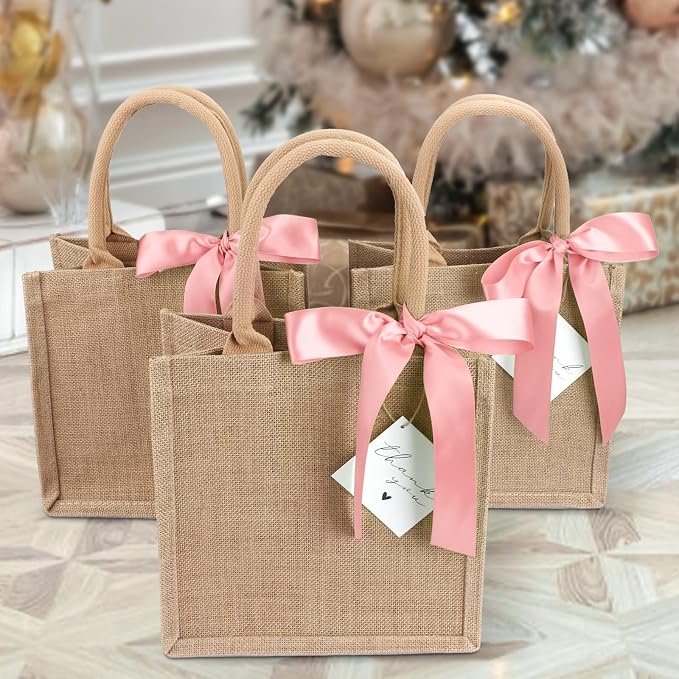 6 Pack Burlap Tote Bags with Handles Reusable Small Jute Gift Bags with Pink Silk Ribbons Waterproof Lining for Wedding Bridesmaid Mother's Day Bachelorette Beach Party