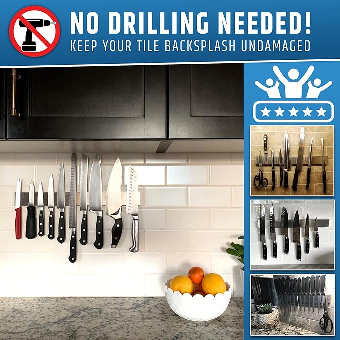 17" Strong Adhesive (No Drill) Magnetic Knife Holder for Wall - Professional Knife Strip - No Screws Needed - Adhesive Backing - Stainless Steel Knife Bar (Upgraded Version – Will Not Fall)