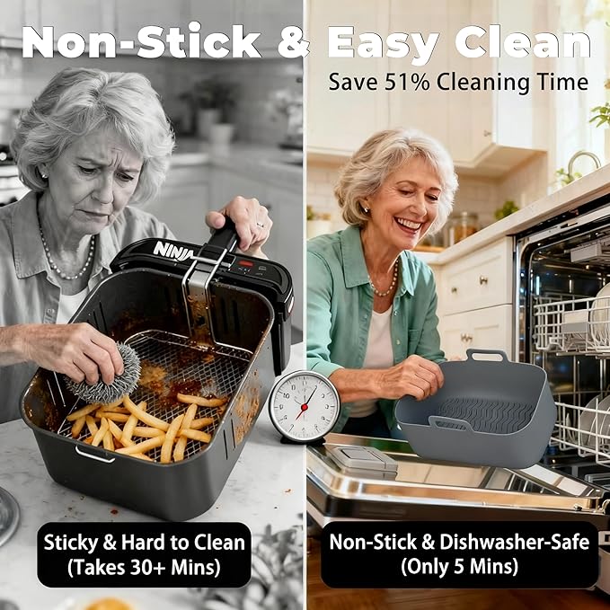 Silicone Air Fryer Liners for Ninja - Reusable DZ201 8QT Dual Basket - Rectangular 2-Pack Vacuum-Packed Easy-Clean Dishwasher-Safe Food-Safe for Home Chefs - Housewarming Gifts
